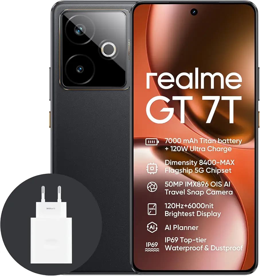 realme GT 7T 5G Smartphone,12+512GB,7000 mAh Battery,120W Charge,Dimensity 8400-MAX Chipset,IMX896 50MP Camera, AI Planner,6000nits Pro-Esports 120Hz Display,IP69,Black,Amazon Exclusive