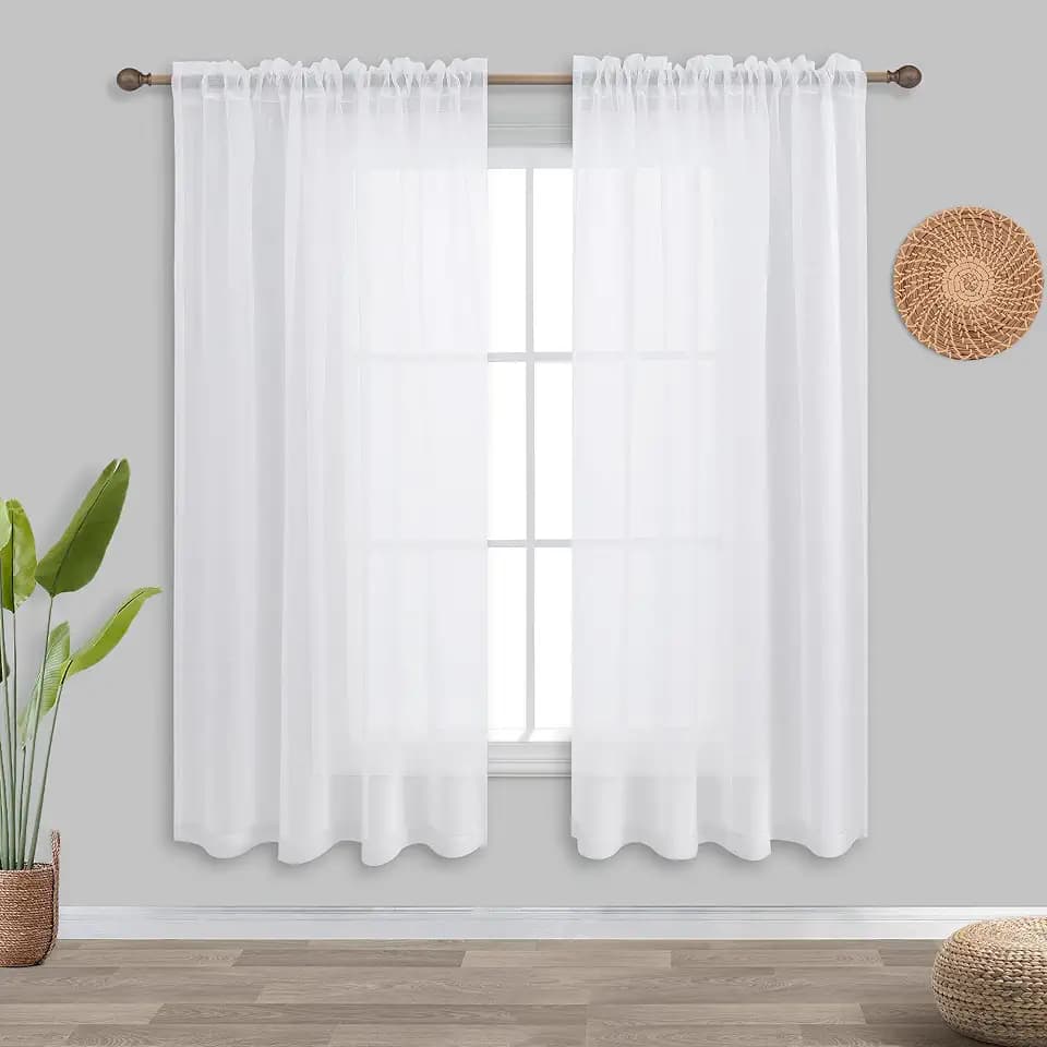 KOUFALL White Semi Sheer Curtains 63 Inch Length for Bedroom Pair Set 2 Panels Rod Pocket Translucent Light Filtering Faux Linen Textured Solid Privacy Curtains Sheer for Closet Wide 52x63 in Long
