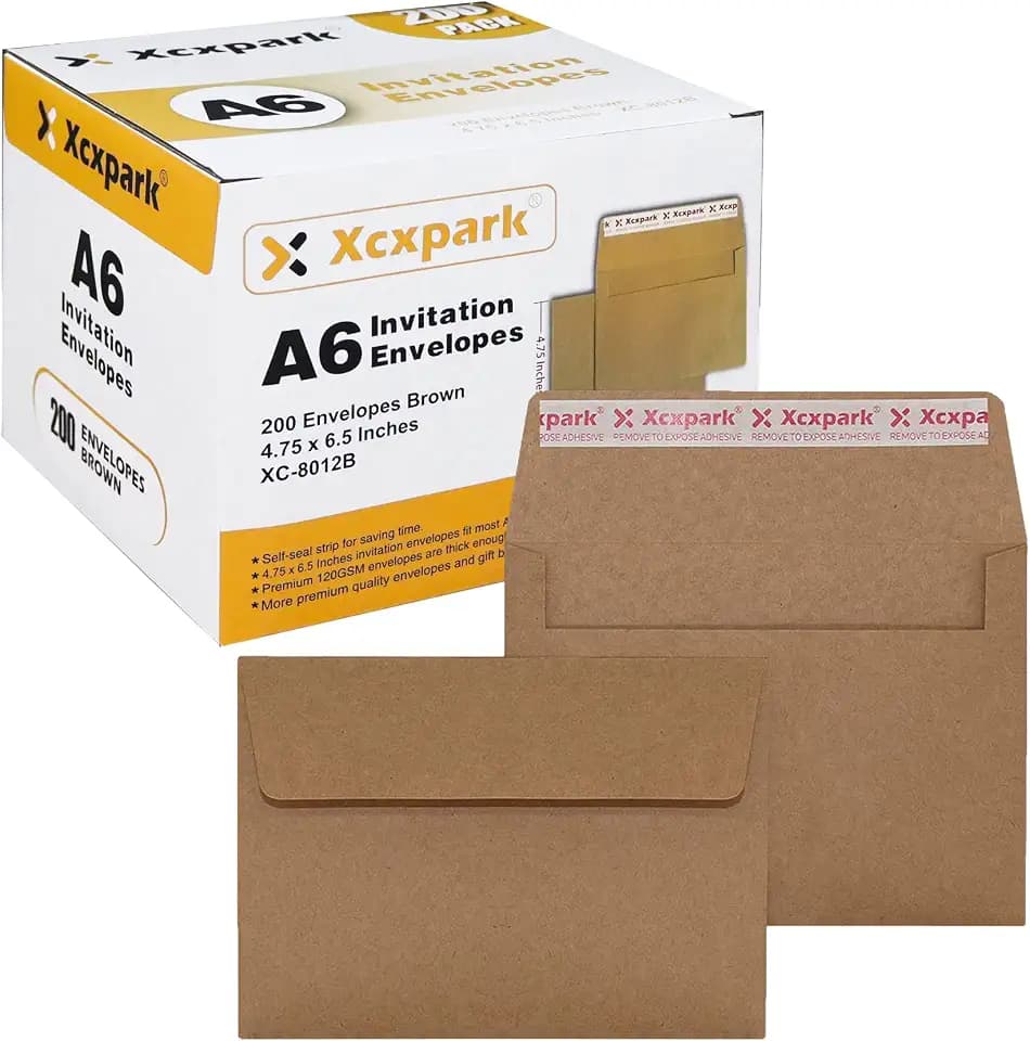 Xxcxpark 200 Qty Printable A6 Invitation Envelopes 4.75 x 6.5 Cards, Self Seal 120GSM Brown Paper Envelopes for Invitations, Papers, Photos, Documents, Wedding, Baby Shower, Easy to Seal and Peel