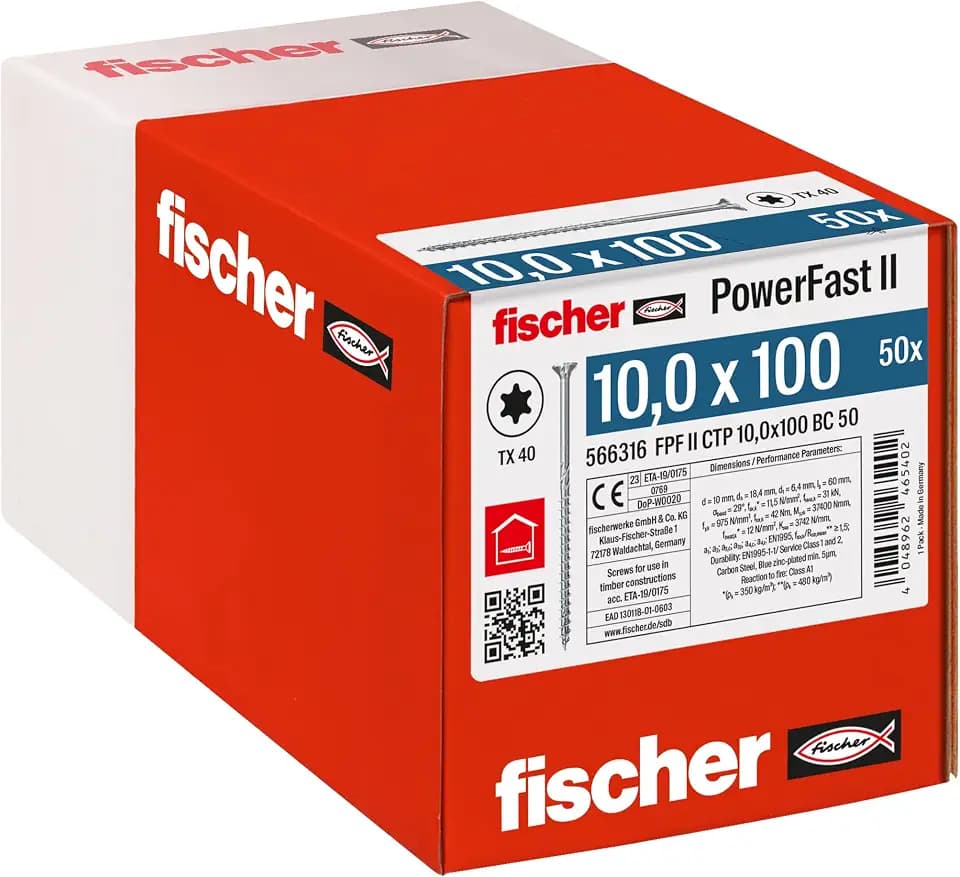 fischer PowerFast II CTP 10,0 x 100, kraftvolle Holzbauschraube mit Senkkopf, Innenstern-Aufnahme und Teilgewinde, für den konstruktiven Holzbau, 50 Stk.