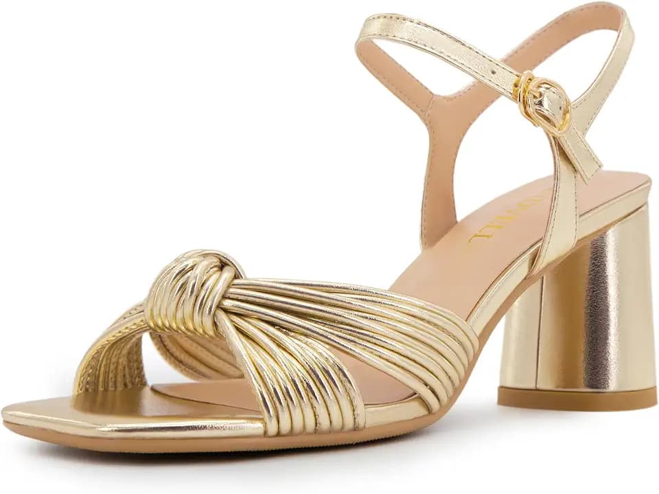 FINDVELL Women's Heeled Sandals Chunky Block Heel Strappy Metallic Braided Knot Square Open Toe Ankle Strap