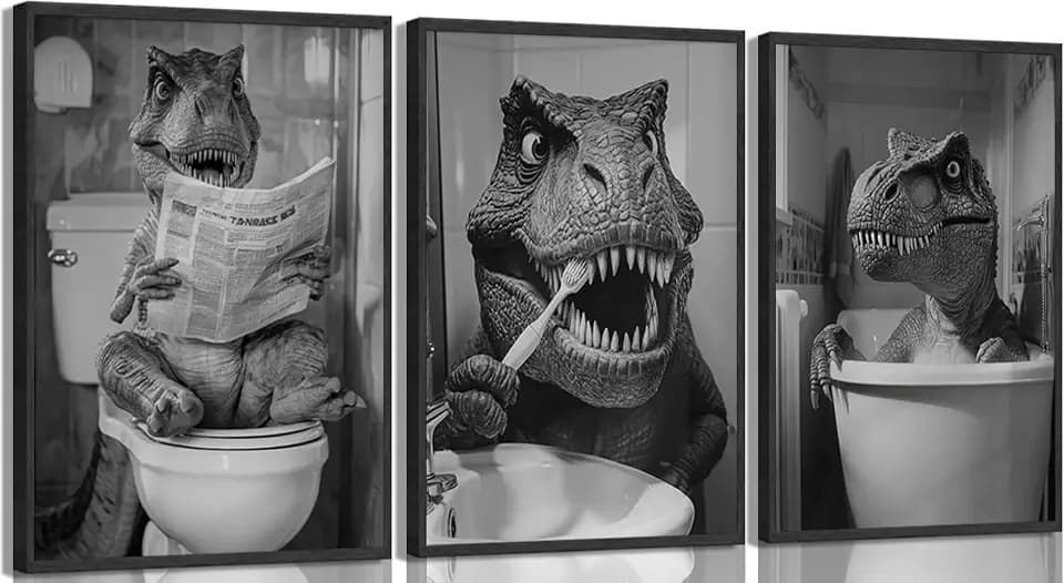 Kyiyhzp Funny Dinosaur Bathroom Wall Art Dinosaur on Toilet Canvas Print Painting Black And White Animal in Bathtub Wall Decor Artwork for Kids Room Restroom Home Decoration 16x24in Poster