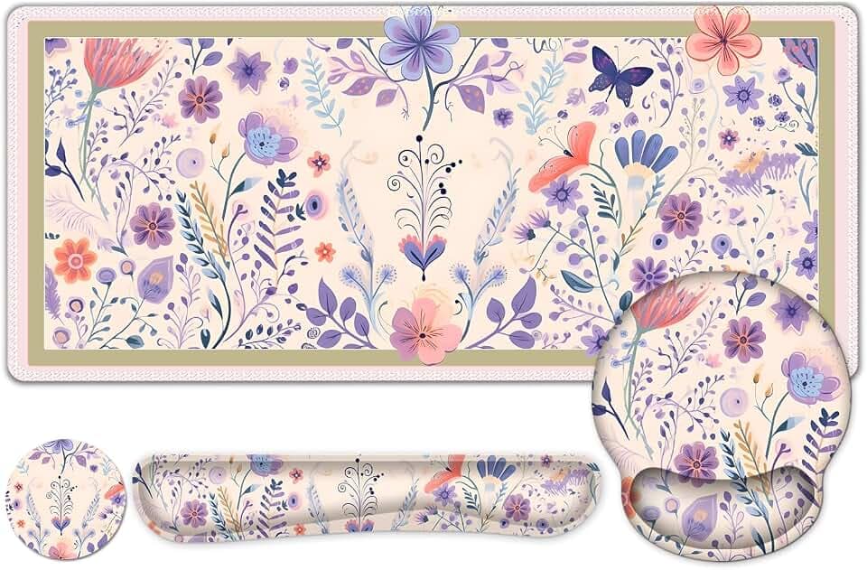 Cute Desk Mat, 4in1 Large Mouse Pad with Wrist Rest, Desk Matt for Desktop, Deskpad Mat, Anti-Slip XXL Computer Ergonomic Mousepad with Wrist Support for Keyboard and Mouse I Retro Purple Floral