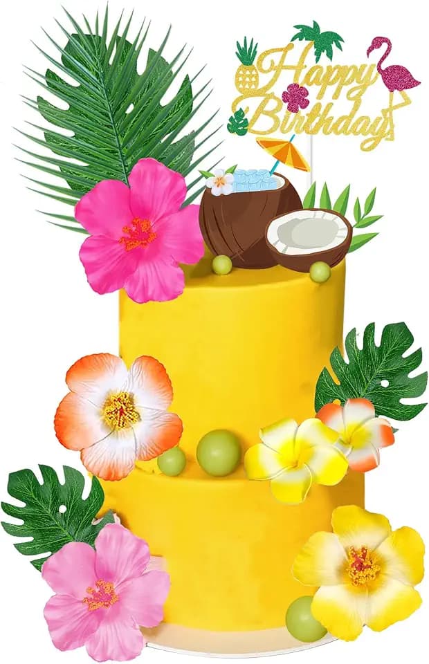 Hawaiian Flamingo Cake Toppers Summer Cake Decorations with Hibiscus Flower Palm Leaves Pineapple Cake Decor for Birthday Summer Tropical Hawaiian Themed Party Supplies (Hawaiian)