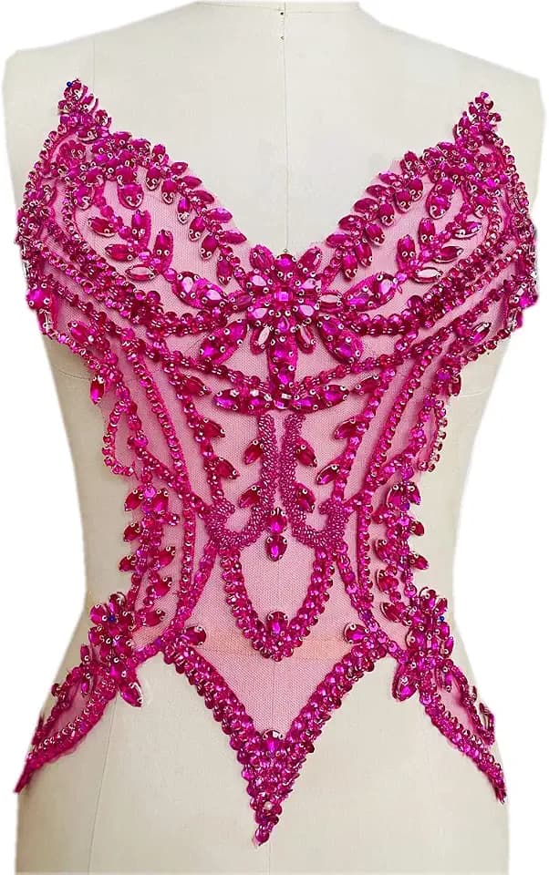 Handmade Rhinestones lace Applique sew on Beads Sequins Trim Patches Accessories for Girl Dress Clothing (Rose red)
