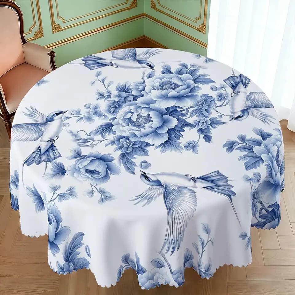 60 Inch Round Tablecloth, Blue Floral Waterproof Table Cover