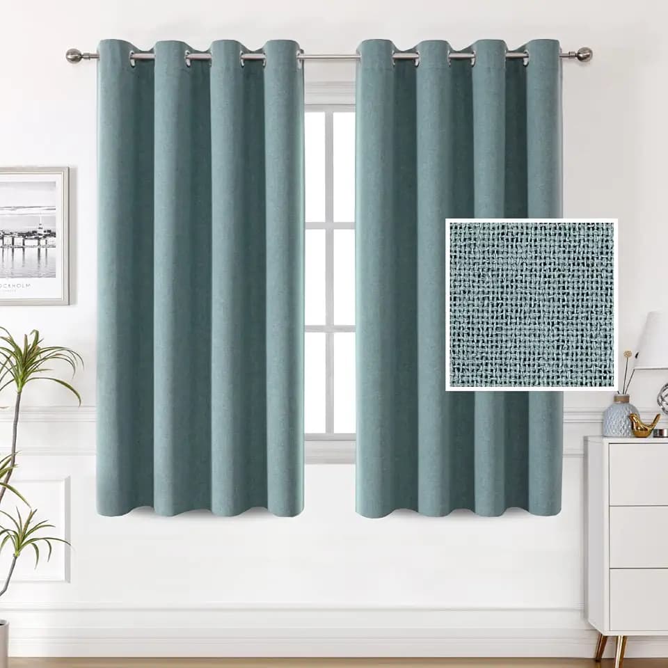 H.VERSAILTEX 100% Blackout Linen Curtains Thermal Curtains for Living Room Burlap Curtains with Double Face Linen Grommet Soundproof Bedroom Curtains 52 x 63 Inch, 2 Panels - Heather Stone Blue