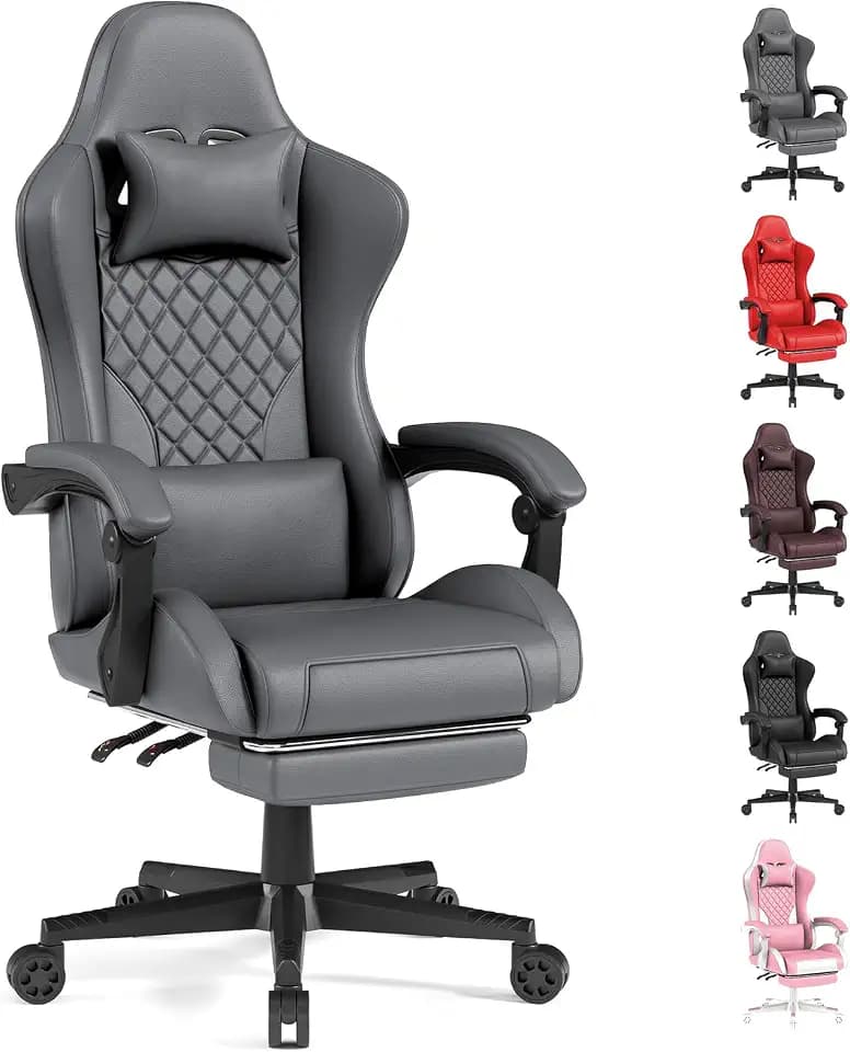 LUCKRACER Gaming Chair with Pocket Spring Cushion and Footrest, PU Leather 90°-155° Reclining Computer Chair, 4.5" Height Adjustment, Ergonomic Office Chair with Lumbar Support, Dark Gray