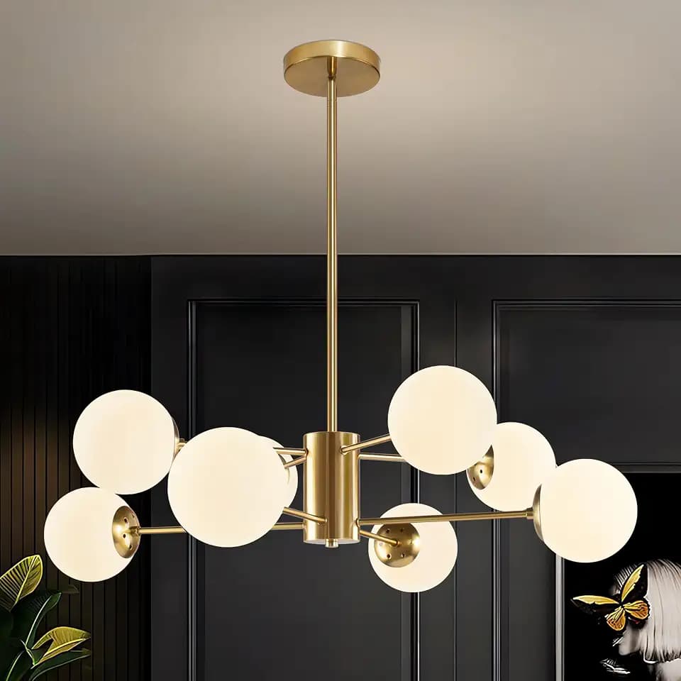 Bagood 8-Light Globe Sputnik Chandelier Gold Mid Century Modern Light Fixture Brushed Brass Finished with White Frosted Globe Glass Lampshade Sputnik Chandeliers for Dining Room Kitchen Island Bedroom