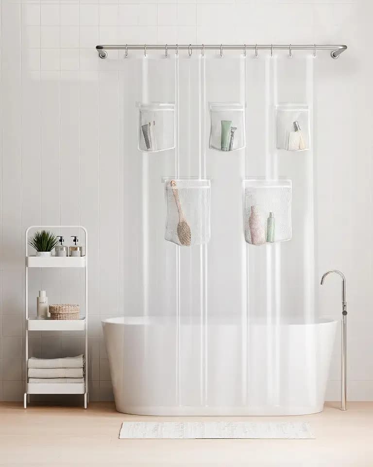 Rubbermaid Clear Waterproof Shower Curtain Liner with 5 Storage Pockets, Heavyweight PEVA Shower Liner for Bathroom, with White Rustproof Grommets and Mesh Pockets, 70x72, Standard Size, Clear