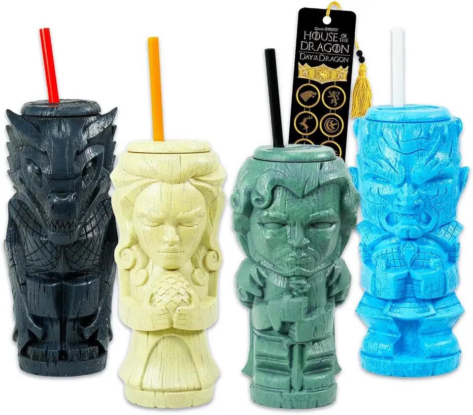 Game of Thrones Tumbler Cup Set - Bundle with 4 GOT Tiki Style Cold Cups with Lid and Straw Plus Bookmark | 21 Oz Game of Thrones Tiki Cup 4 Pack