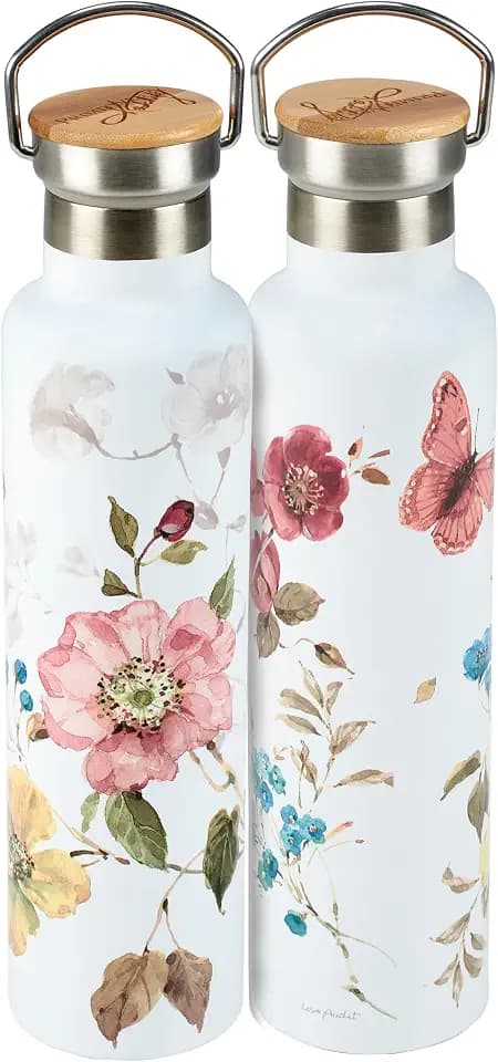 Primitives by Kathy Watercolor Florals Metal Bottle, 25 oz Stainless Steel Insulated Bottle with Bamboo Top Lid and Metal Handle for Travel, Keep Drinks Cold for 24 Hours, Hot for 12 Hours