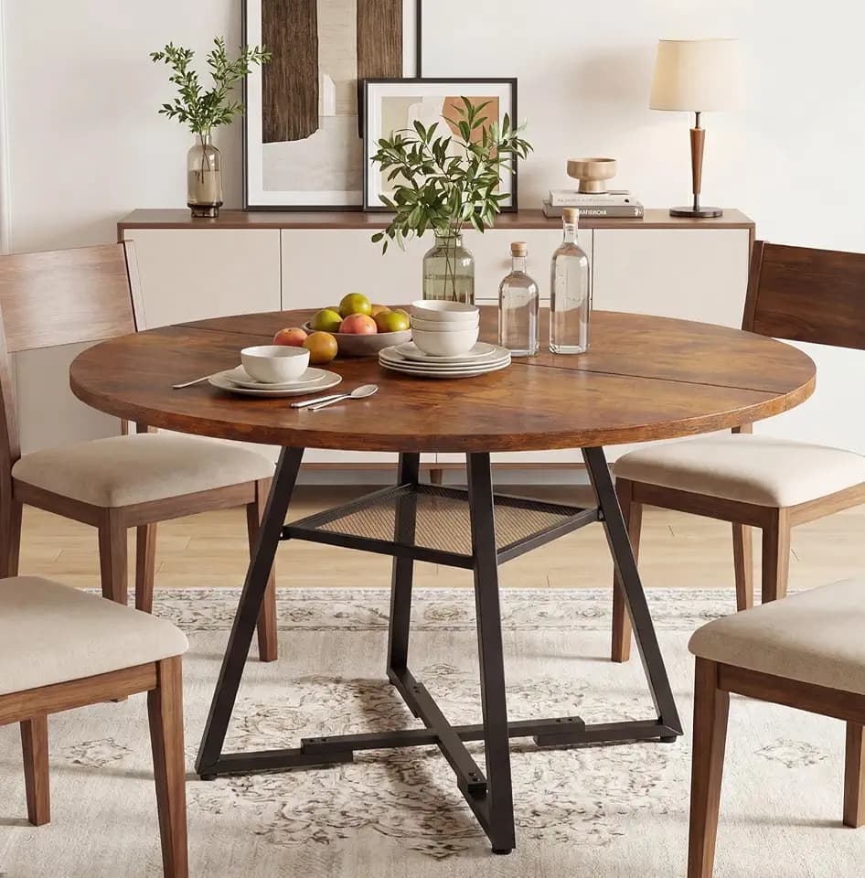 Alpen 42" Round Dining Table for 4-6, Farmhouse Kitchen Table with Storage Shelf, Wood Circle Table with Pedestal Metal Frame, Small Space Table for Apartment, Dining Room, Vintage Brown