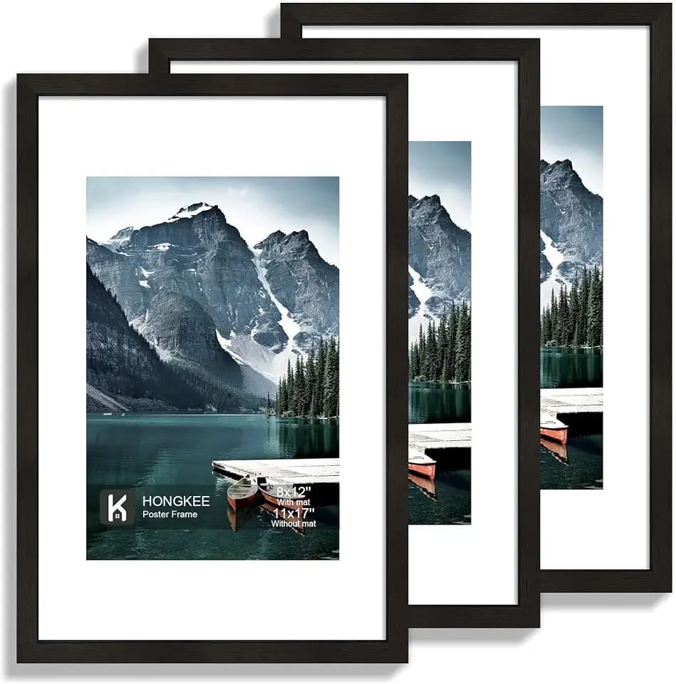 Hongkee 11x17 Picture Frames with Real Glass, 11 x 17 Wood Frame, 8x12 Mat