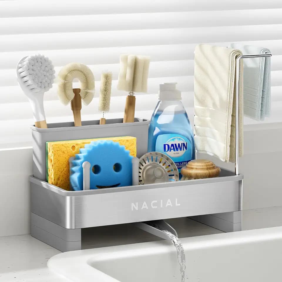 Nacial Kitchen Sink Organizer, Sink Caddy with Sponge & Tall Brush Holder