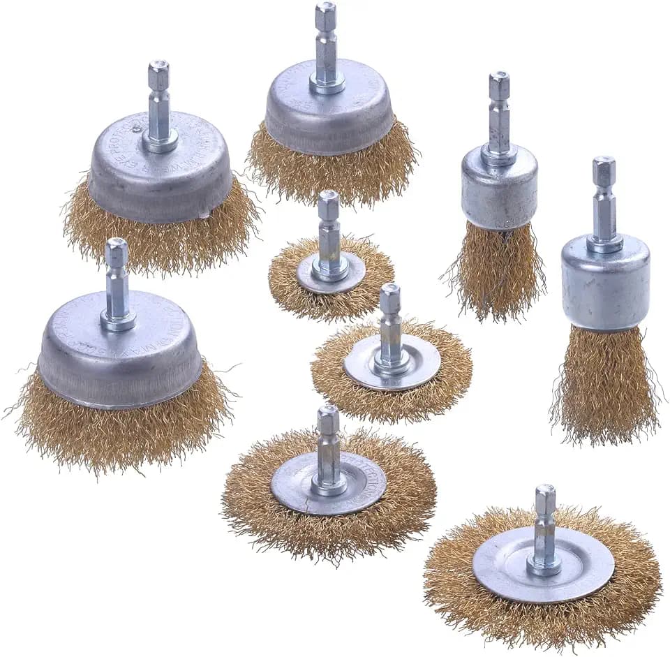Wire Brush Set, 9 Pcs Brass Wheel for Drill, 1/4 Inch Hex Shank, Rust Cleaning & Stripping