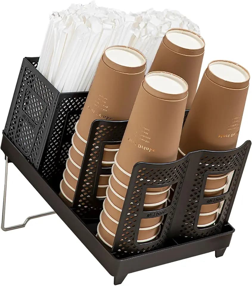 Cup and Lid Holder, Disposable Paper Cup Dispenser with Stand, 6 Slots Coffee Cup and Lid Storage Holder with Straw Organizer for Coffee Station Bar Office Home Countertop Breakroom Restaurant