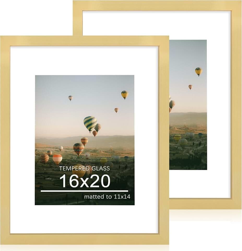 16x20 Poster Frame Set of 2, 16 x 20 Wood Picture Frames with Mat for 11x14, Wooden Photo Frame with Tempered Glass Cover for Wall Mounting Display, Gold