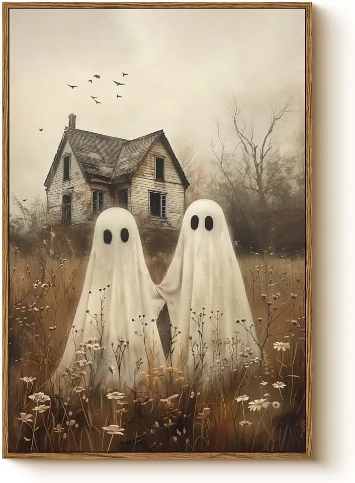 WHASAYART Vintage Halloween 16x24 Framed Canvas Wall Art, Rustic Cute Ghost Couple Haunted House Print, Country Spooky Holding Hands Ghosts Artwork, Creepy Farmhouse Autumn Fall Entryway Decor