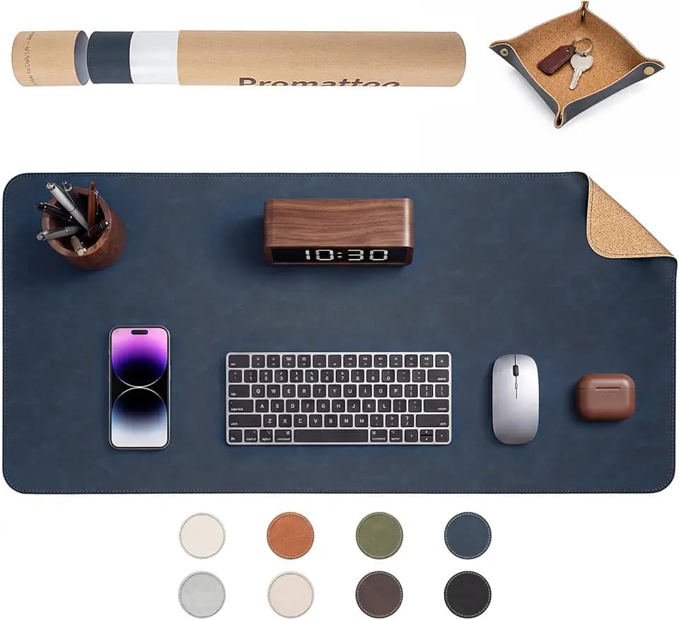 Premium Faux Leather Desk Mat & Tray Set,Innovative Cork-Look Printed Base,Gift Tube Packaging,Full-Desk Coverage,Non-Slip Desk Pad for Office Home(Navy Blue)