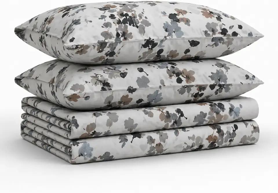 Tribeca Living Deep Pocket King Size Sheet Set - 300 Thread Count Cotton Sateen Sheets with 22-Inch Extra Deep Pockets, Oeko-Tex Certified, 4 Bedding Set in Lisbon Grey/Multi Print