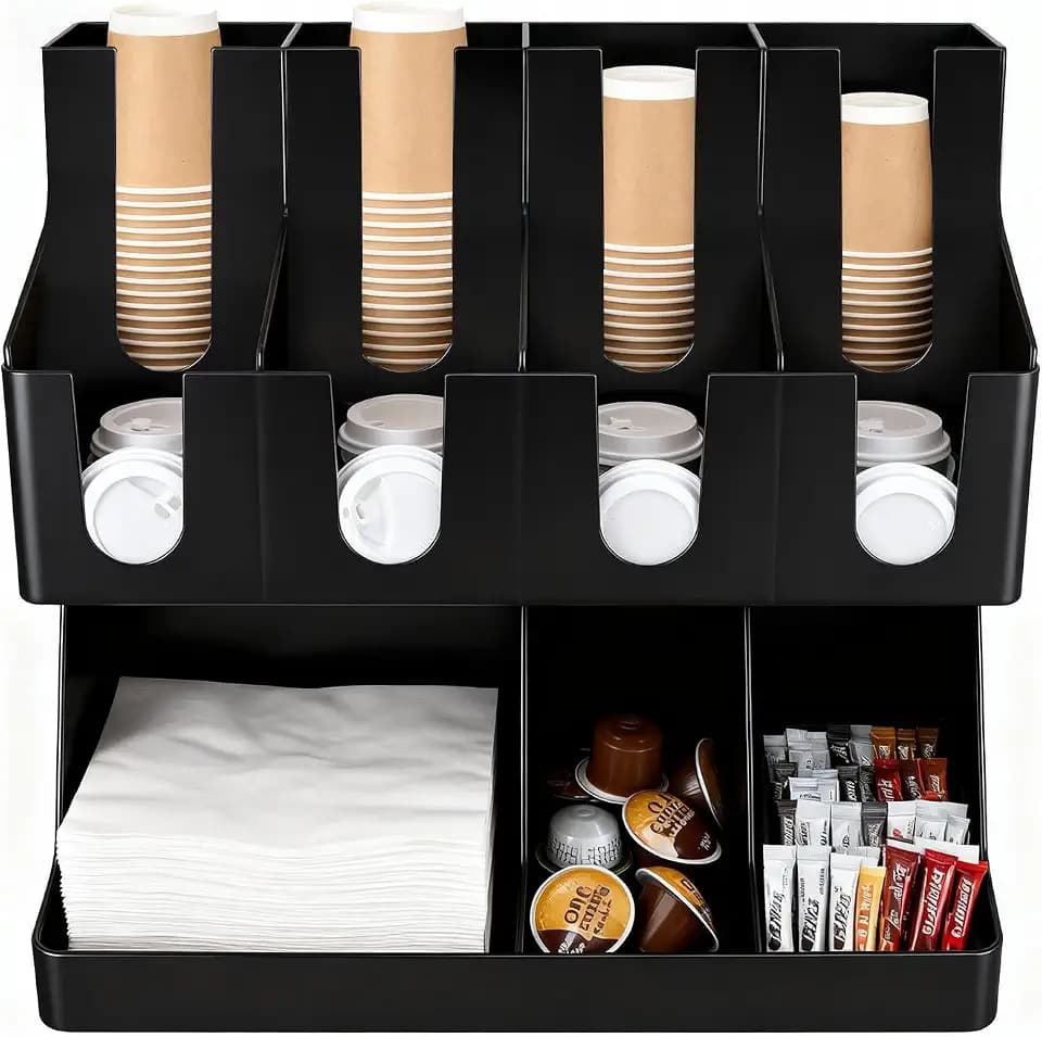 Commercial Cup and Lid Holder with Straw Organizer,Disposable Coffee Cup Condiment Dispenser for Countertop Org, Coffee Bar, Beverage Cup, Kitchen, Breakroom (11 Compartment Upright)