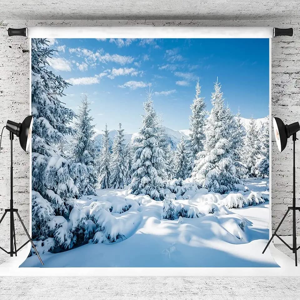 AIIKES 10x10FT Schneelandschaft Hintergrund Winter Wald Schnee Baum Fotografie Hintergrund Outdoor Himmel Winter Schneefeld Landschaft Schneebedeckte Kiefern Fotostudio Requisiten 12-346