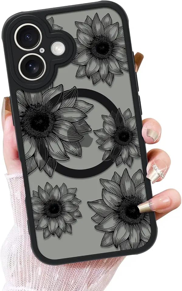 OOK Frosted Magnetic Case for iPhone 16, Black Sunflower Floral Blooms