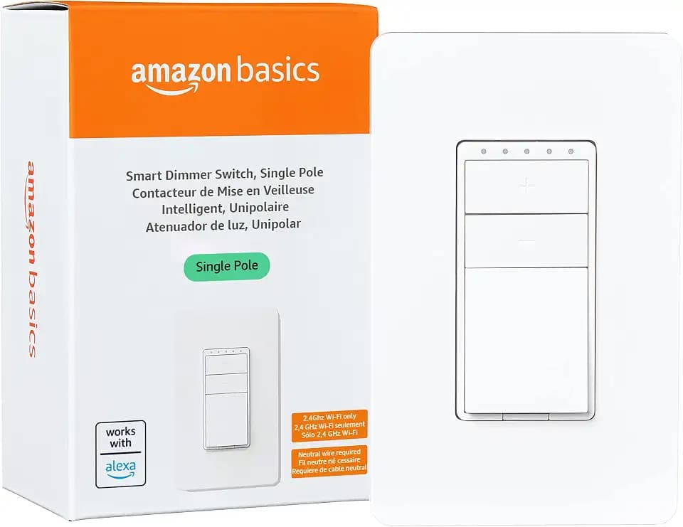 Amazon Basics Smart Dimmer Switch, Single Pole, Works with Alexa Only, Voice Control, 2.4 GHz Wi-Fi, No Hub Required, Neutral Wire Required, White