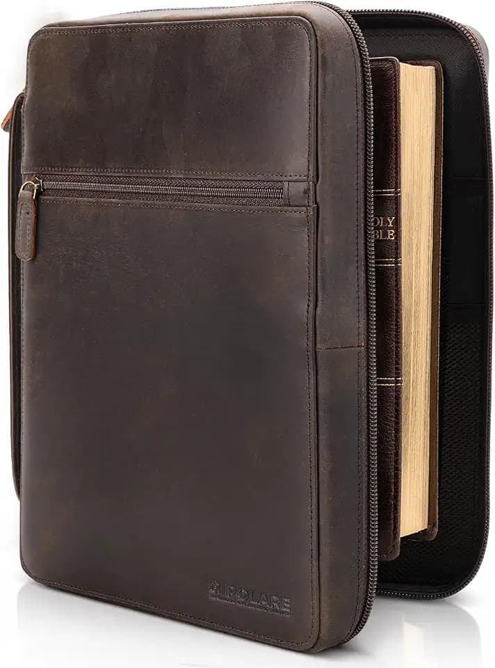 Polare Full Grain Leather Bible Cover Church Bag Bible Protective Book Holder Carrying Case Folder Organizer Portfolio, Dark Brown