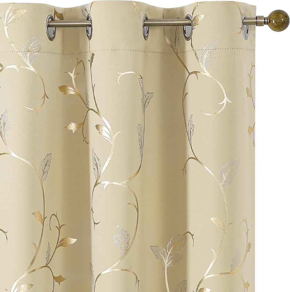 BUHUA Blackout Curtains Gold Foil Print Flower Vine Grommet Drapes, Room Darkening Thermal Insulated Curtains, Noise Reducing Blackout Curtain for Bedroom, Beige, 38Wx84L, 2 Panels
