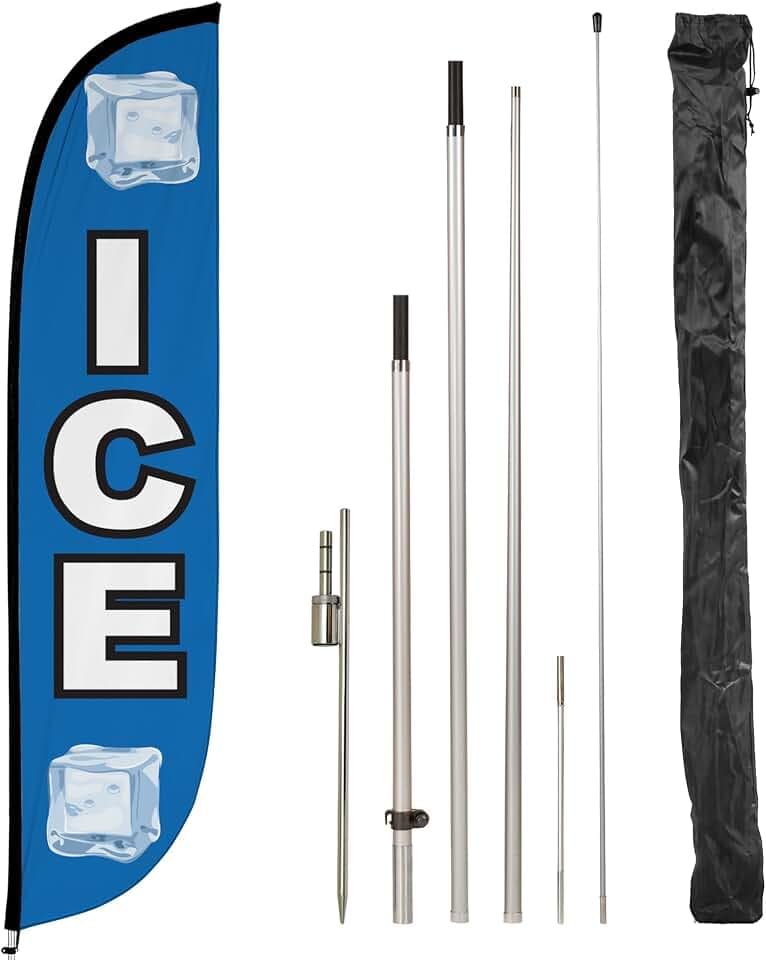 LookOurWay Feather Flag Pole Kit - 12 Feet Tall Advertising Flag Banner with Fiberglass Pole Kit and Ground Spike for Business Promotion - Convenience Store Flag - Ice (10M1200148)