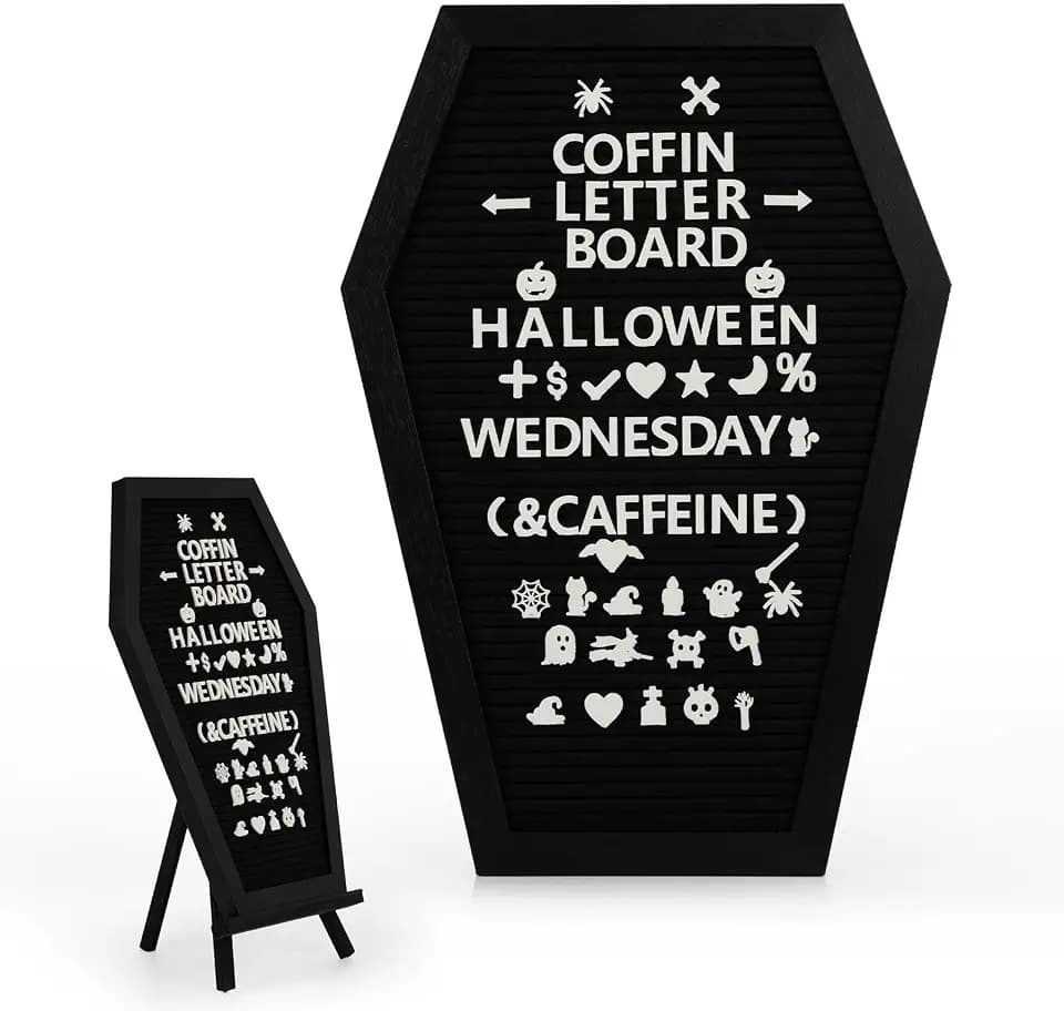 Spooky Coffin Letter Board 16 x 11 in Halloween Message Sign with 120 Letters, Stand & Skull Symbols for Party Decor