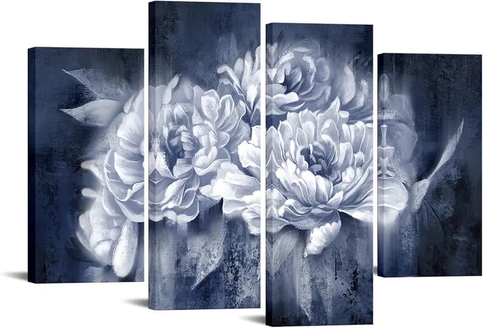 sechars Navy Blue Living Room Decor Peony Painting Canvas Prints Modern Dark Blue Flower Wall Art