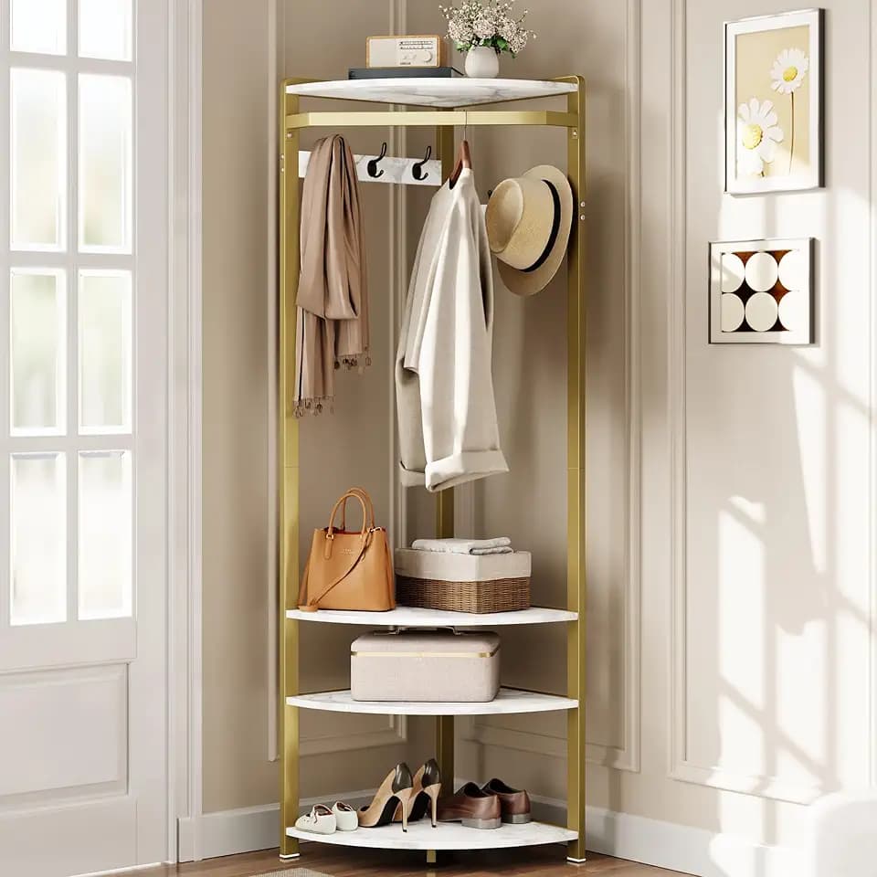 Corner Hall Tree with Shoe Bench & 6 Double Hooks, Space-Saving Entryway Corner Coat Rack with Storage Organizer & Shelf, Multi-Functional Hallway Storage Tree for Entryway, Hallway, White+Gold