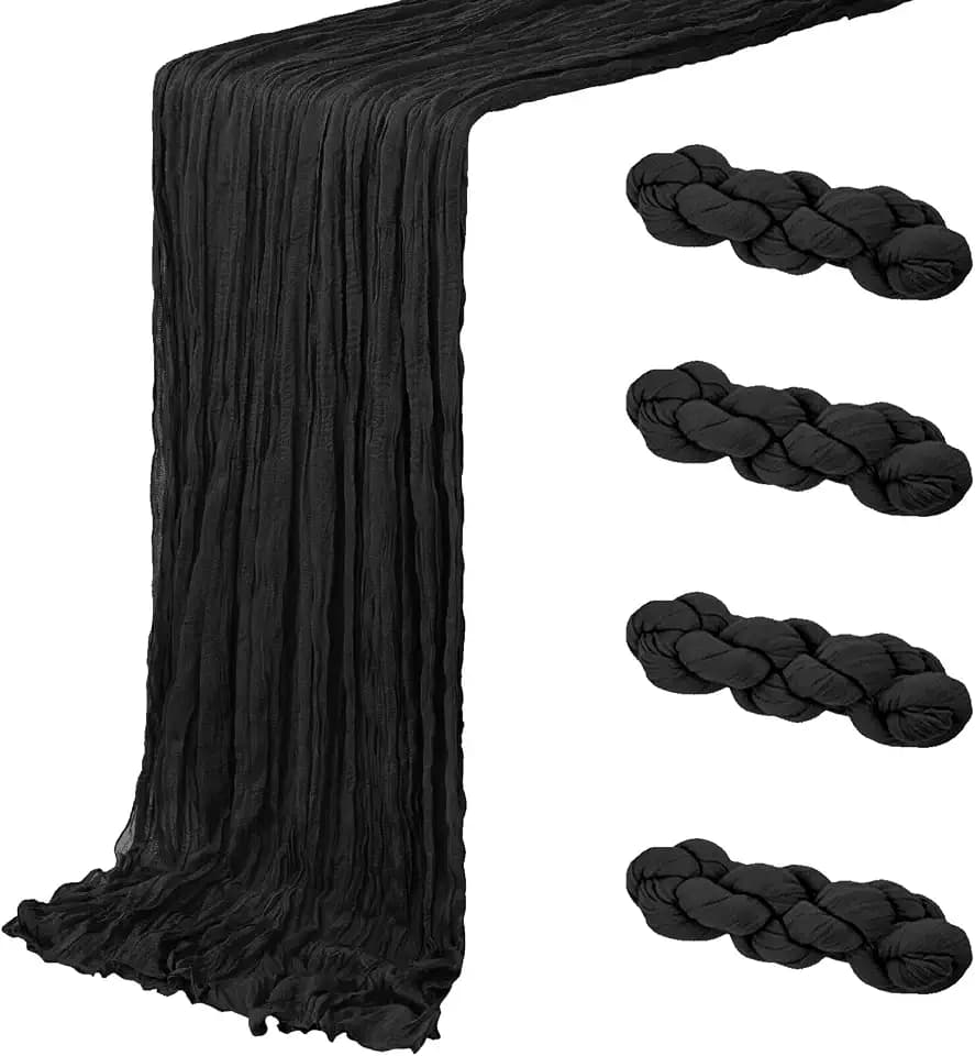 4 Pack Black Cheesecloth Table Runner 20 x 120 inch Gauze Table Runners 10 FT Long,Semi Sheer Boho Cheese Cloth Fabric Table Runner Bulk for Wedding,Party,Baby Shower,Bridal Shower Decoration