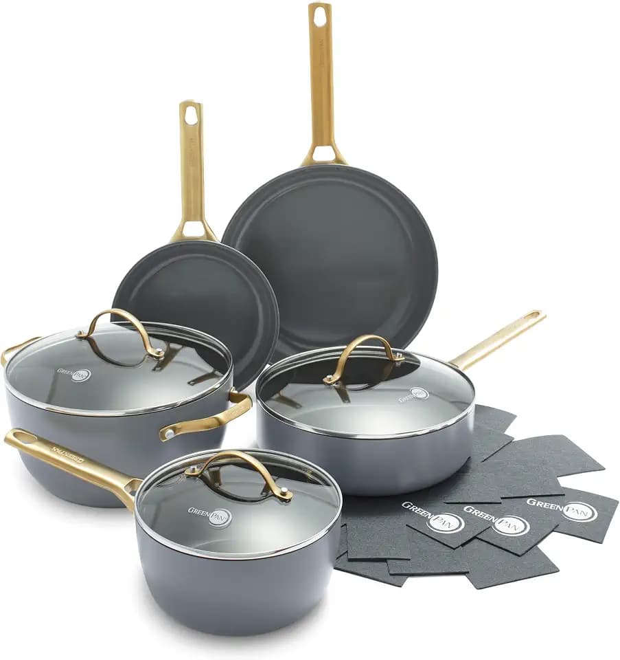 GreenPan Hard Anodized Healthy Ceramic Nonstick 8 Piece Cookware Pots and Pans Set, Gold-Tone Stainless Steel Handles, PFAS & PFOA-Free, Dishwasher Safe, Oven & Broiler Safe, Charcoal