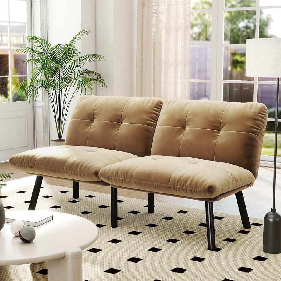 2-Seater Modern Velvet Sofa Bed - Grey Convertible Folding, Adjustable Backrest, 800lbs Capacity for Small Room (Brown)
