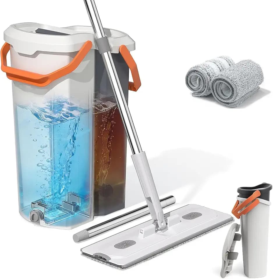 Mop and Bucket Set with Wringer, Flat Mop System for Floors
