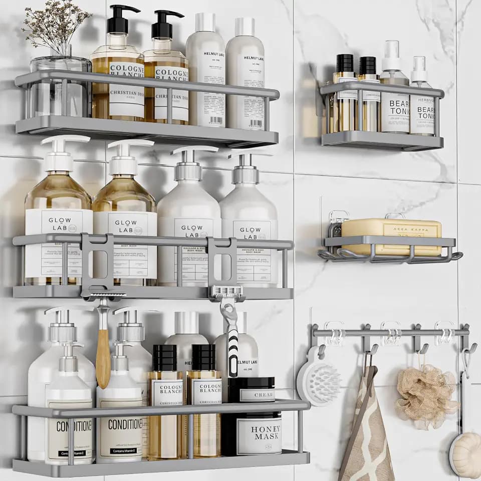 YASONIC Shower Caddy Adhesive, Rustproof Shower Organizer with Soap Holder, Large Capacity Shower Shelves for Inside Shower, No Drilling Bathroom Organizers and Storage for Home Decor(6 Pack Grey)