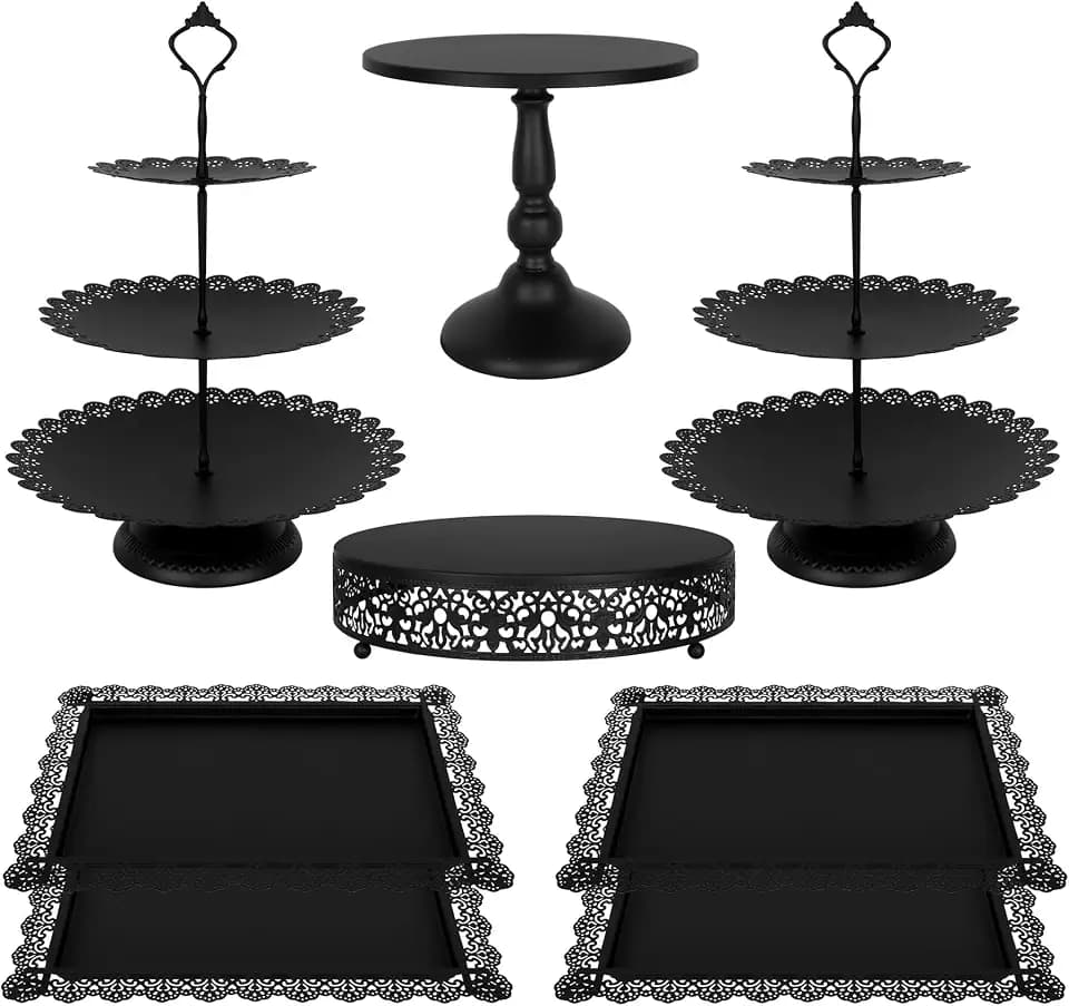 Fivenl 8 Pcs Cake Stand Black Metal Dessert Table Display Set, 3-Tier Cupcake Stand, Cake Display Tower and Cookie Tray Rack Serving Tray for Birthday Party, Weddings, Baby Shower (Black)