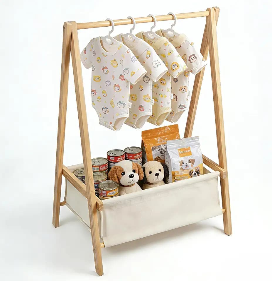 Baby Clothing Rack for Baby Shower, Pets Clothes Rack with Storage Box & Hanging Rod for Dogs/Cats, Mini Dolls Closet Rack, Wooden Baby Shower Rack for Nursery Room (Natural)