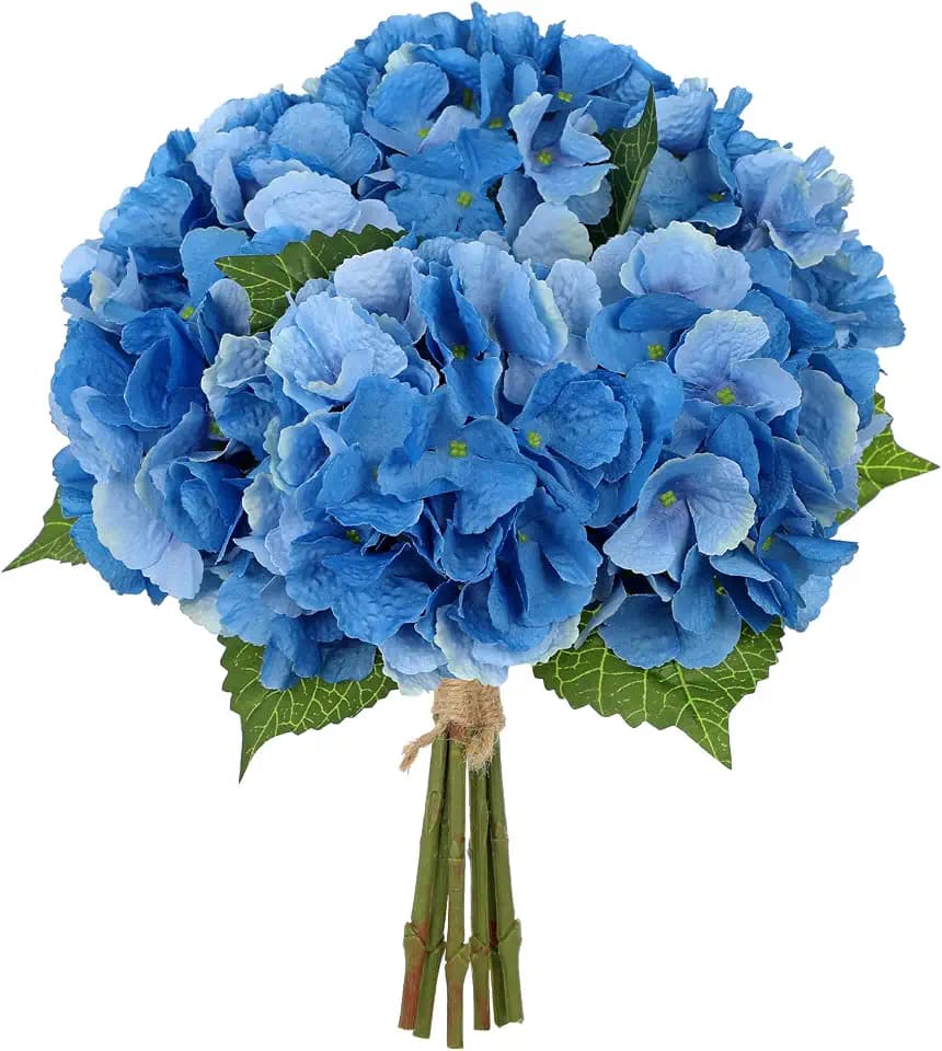 Hollyone Blue Hydrangea Artificial Flowers 6pcs Large Real Touch Faux Hydrangeas Silk Flowers Bouquets Fake Flower with Stems for Home Decor Indoor Wedding Kitchen Centerpiece Table Decorations