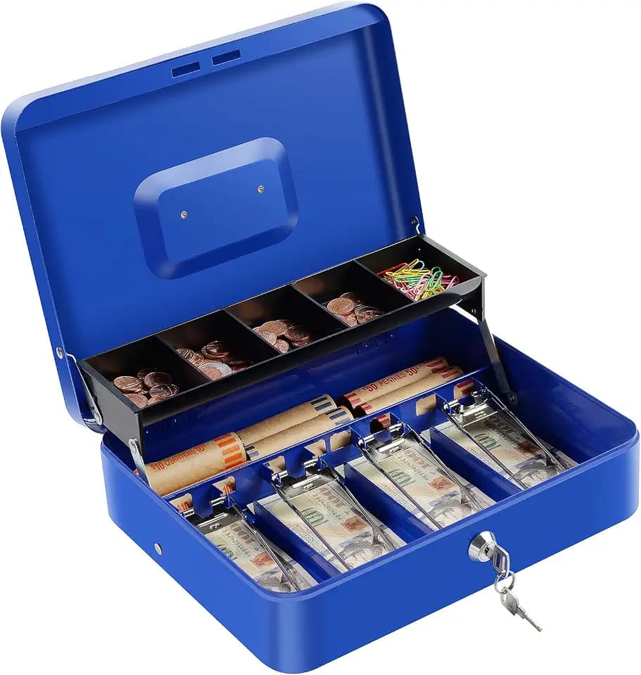 Cash Box with Lock Key and Money Tray - Large Money Box for Cash Register, Metal Lock Box for Money Safe 11.8" x 9.4" x 3.54" Blue