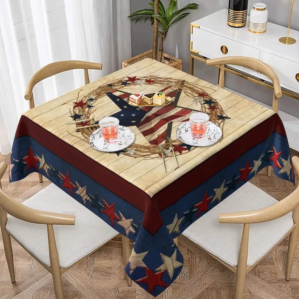Farmhouse 4th American Flag Patriotic Star Wooden Waterproof Picnic Party Square Table Cloth Cover Decorations Fabric 60 X 60 Inches square Tablecloth for 30-46 Inch Home Dining Room Kitchen Decor