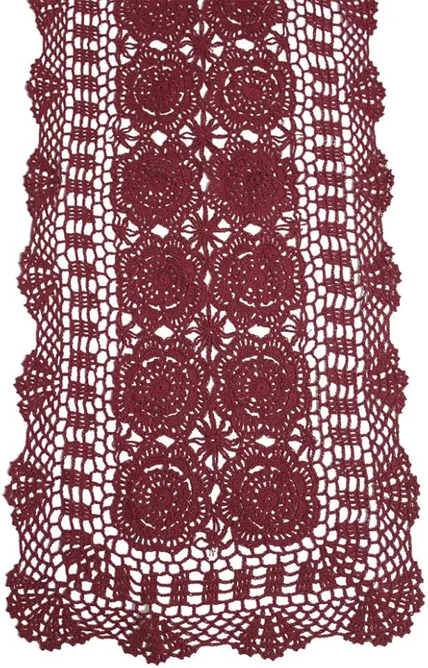 KEPSWET Cotton Handmade Crochet Lace Table Runner Wine Red Rectangle Coffee Table Dresser Decor (14x72 inch)