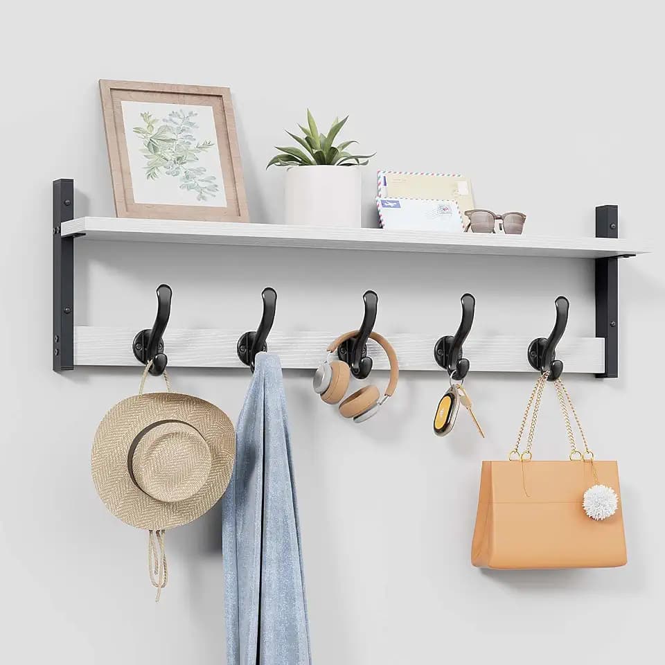 Tatub 29" Coat Rack Wall Mount with Shelf, Entryway Wall Hooks with Shelf, Coat Hangers for Bathroom, Living Room, Bedroom, Rustic White