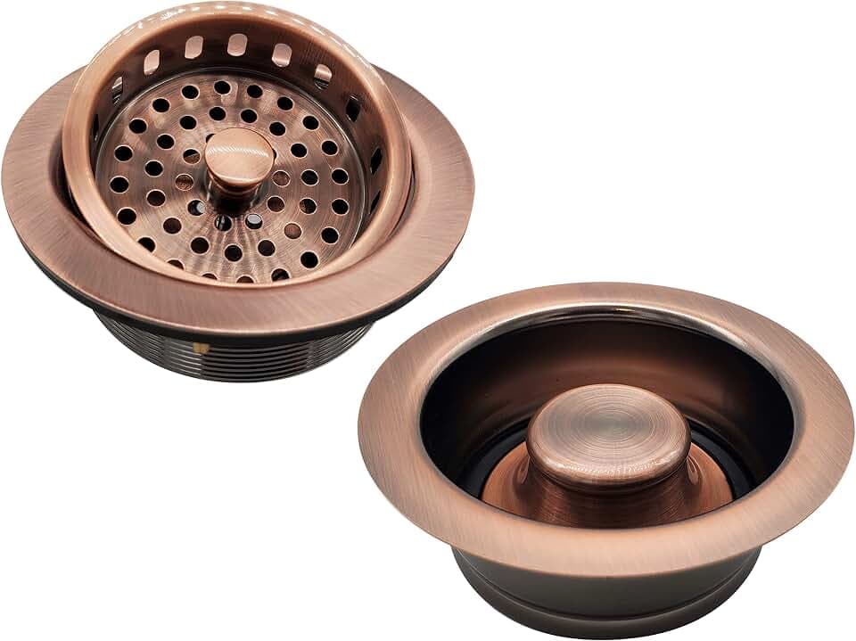 Westbrass A2165-11 4-1/4" OD Post Style Large Kitchen Basket Strainer with Waste Disposal Flange and Stopper Drain Set, Antique Copper