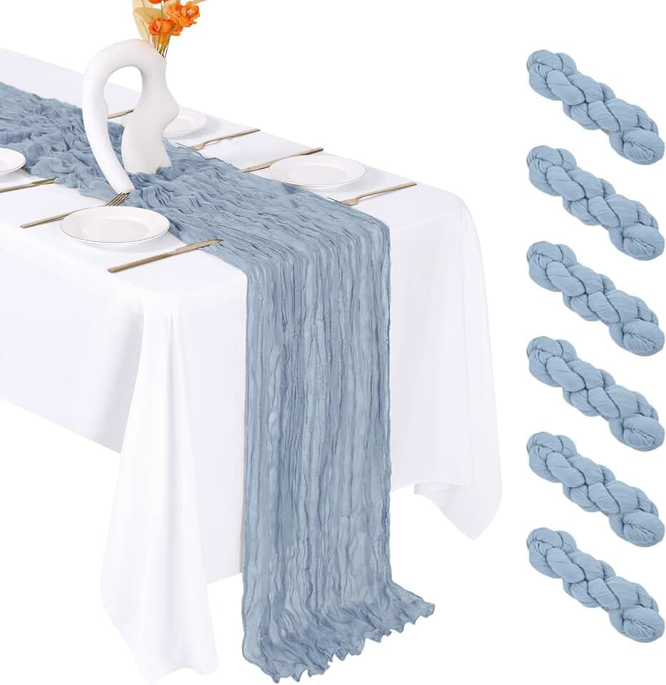 6 Pack Dusty Blue Cheesecloth Table Runner 20 x 120 Inch Gauze Table Runner Fabric Semi Sheer Cheese Cloth Table Decor Bulk for Rustic Romantic Wedding Baby Shower Party Table Decoration
