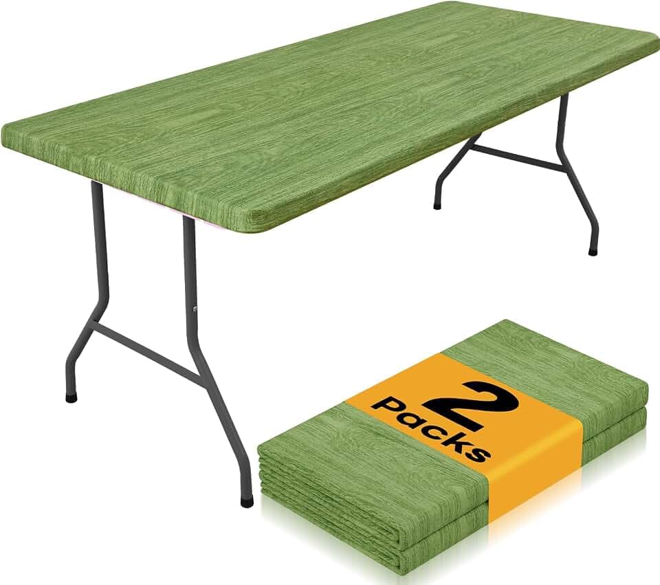 Smiry 2 Pack Rectangle Table Cloth 4 Foot, Waterproof Elastic Fitted Tablecloths, Windproof Washable Polyester Table Cover for Picnic, Camping, Outdoor (Green & Black, 24"x48")